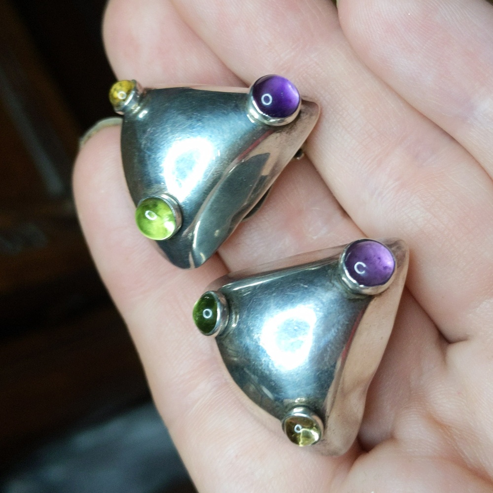 Vintage sterling silver 925  gemstone clipon clip-on earrings amethyst peridot
